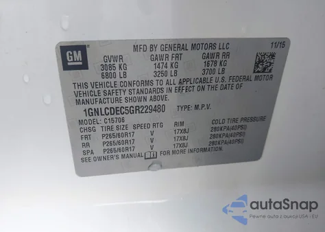 2016 Chevrolet Tahoe Commercial Fleet из США, поврежденный, VIN 1GNLCDEC5GR229480